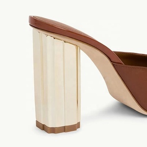 Genuine Leather Women Chunky Heels Mules Custom Logo on Summer Sandals Pointy Toe <b>Slides</b> Shoes Ladies Slippers Pumps - Product Image 3