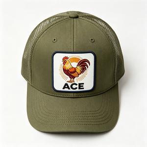 หมวกแก๊ปผู้ชายสีเขียวมะกอก ผ้าแคนวาส แฟชั่น ทรง Trucker  ปักลายไก่ ACE  ระบายอากาศได้ดี ด้านหลังเป็นตาข่าย ปรับขนาดได้ด้วย Snapback เหมาะสำหรับกิจกรรมกลางแจ้ง - Product Image 3