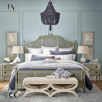 Lit en rotin et bois de style vintage français, grand lit en bois avec tête de lit sculptée en saule, mobilier de chambre à coucher