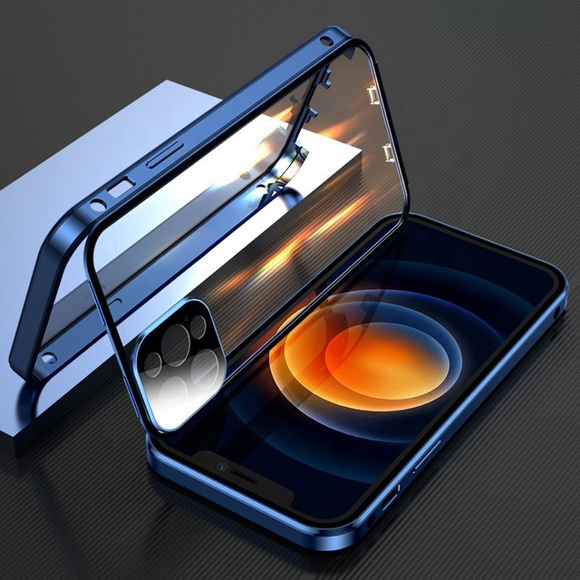 Luxury Phone Case Tempered Glass Metal Frame Double-sided Glass Protection Magnetic Suction Metal Phone Case for iPhone 14