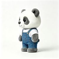 Peluche Panda Gris Adorable avec Salopette en Jean et Chemise Rayée, Doux Jouet en Peluche Kawaii, Jouet Confortable, Peluche Panda Personnalisée