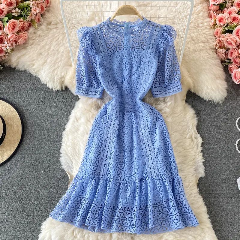 Summer Casual Dresses Women Solid Short Sleeve Stand Collar Hollow Out Slim Mini Dress Ladies Elegant Lace A-Line Dress