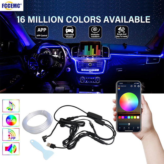 Led Car Interior Neon Lights Strip RGB App Multiple Modes Sound Control DIY Ambient Light Decorative Atmosphere Dashboard Lamp