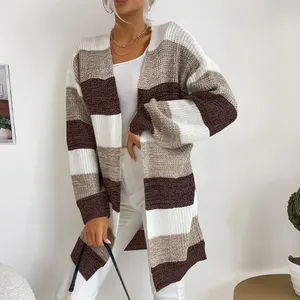 Women Fashion Soft Long Sleeve Open Front Casual Knit Sweaters Coat Striped Kimono Cardigan with Pockets