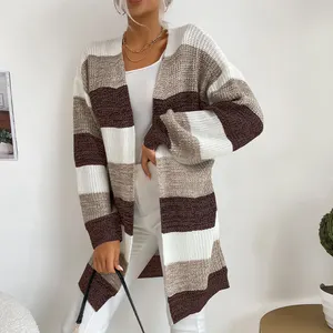 Damenmode weiche lange Ärmel offene Front lässige gestrickte Pullover Mantel gestreifter Kimono Kardigan mit Taschen