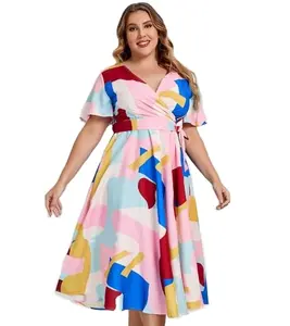 Robe mi-longue à lacets, tenue d'été sexy, col en V, grande taille, vêtement moulant, pour femmes, BR2337