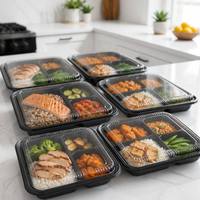 Conteneur alimentaire multi-compartiments personnalisé noir avec couvercle en dôme pour la préparation de repas à emporter, boîte à lunch bento, vente en gros