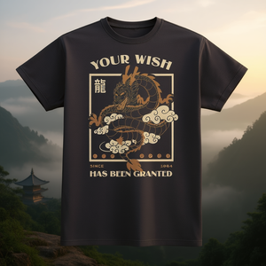 T-shirt 'Il tuo desiderio è stato soddisfatto' grigio scuro con design drago dal 1984, unisex, girocollo, manica corta, abbigliamento promozionale - Product Image 4