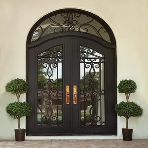 Portes de sécurité extérieures modernes, designs de portes d'entrée en <span class=keywords><strong>fer</strong></span> <span class=keywords><strong>forgé</strong></span> double sur mesure avec des matériaux en acier et en verre pour une sécurité accrue - Product Image 1