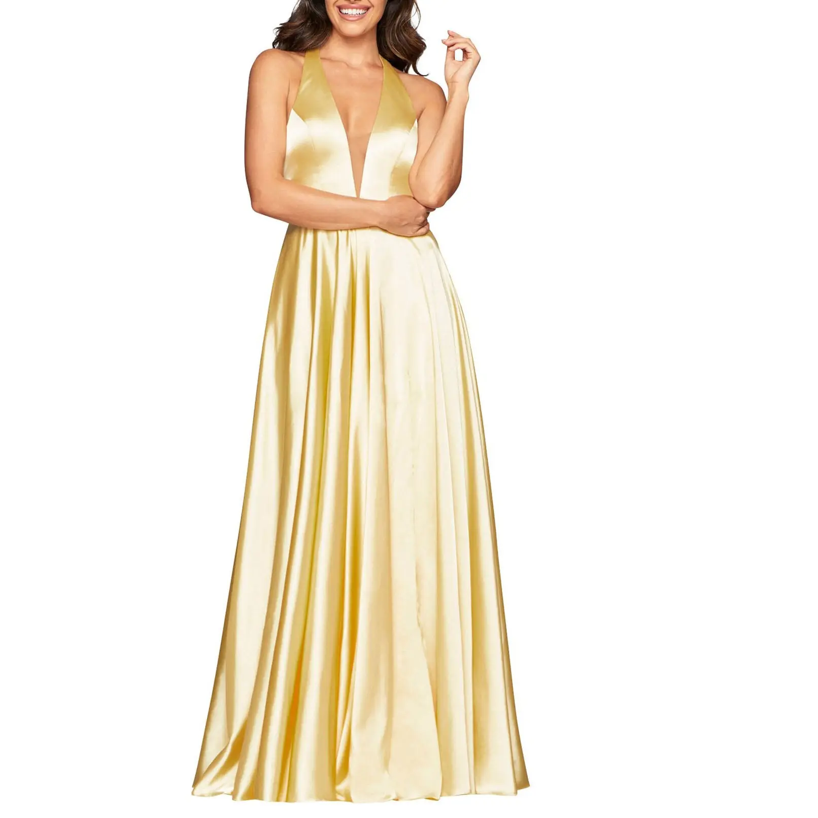 Vestidos de Noche dorados con cuello en V para mujer, vestidos de noche formales para celebraciones