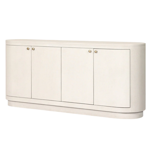 Buffet Amelia, fabriqué de manière unique à partir de lin peint en ivoire, un buffet aux courbes magnifiques qui donne une forme généreuse à un espace de rangement spacieux. - Product Image 1