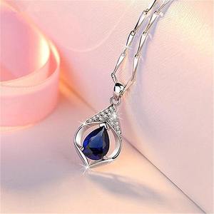 Collana con ciondolo a goccia d'acqua, zirconi cubici blu, lega placcata argento, da donna, per feste, romantica, da indossare tutti i giorni - Product Image 1