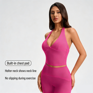 FQT87 <span class=keywords><strong>Crop</strong></span> <span class=keywords><strong>top</strong></span> de sport pour femme, col halter en V profond, <span class=keywords><strong>dos</strong></span> <span class=keywords><strong>nu</strong></span>, design croisé sur le devant, avec coussinets amovibles intégrés - Product Image 6