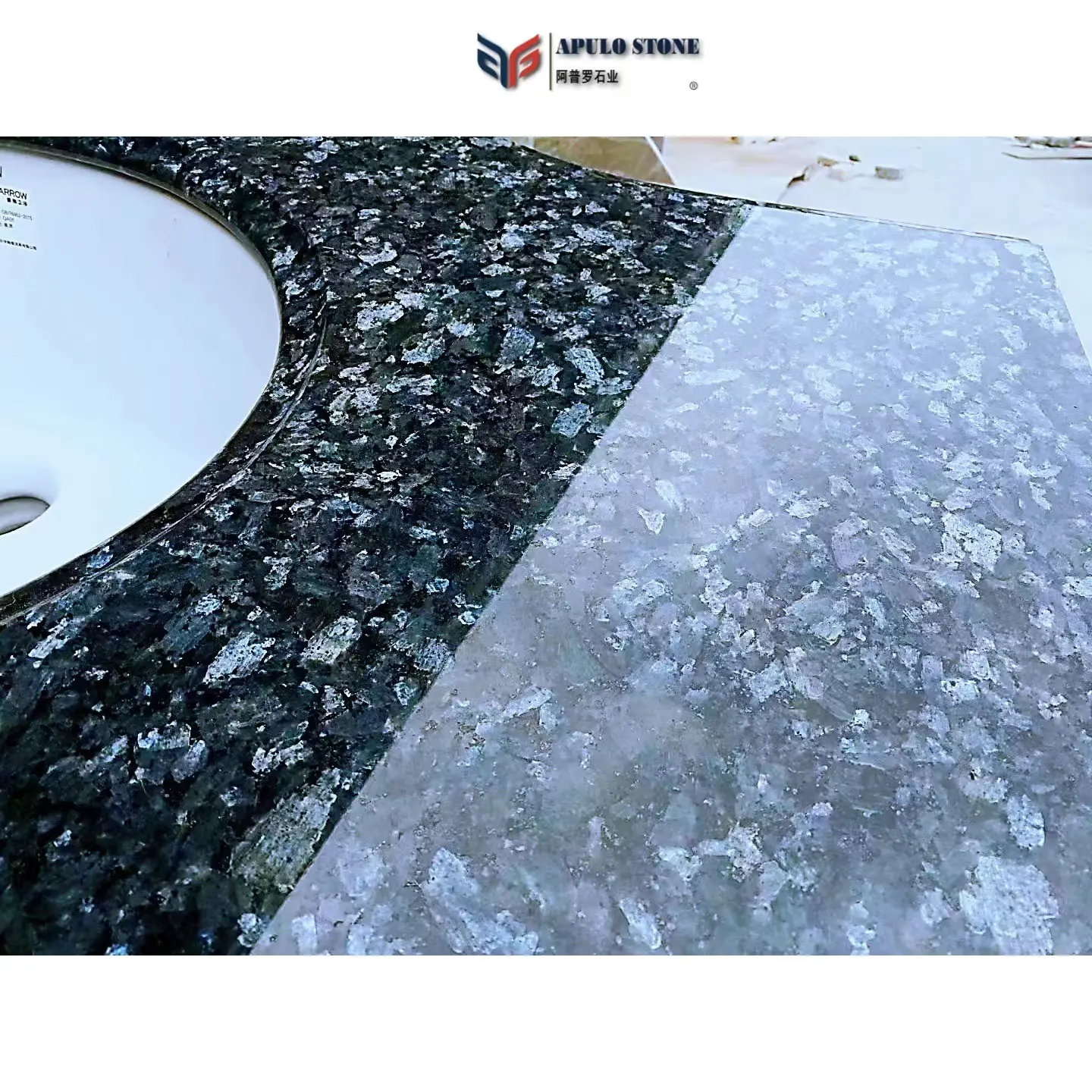 Natural stone volga blue granite black as night gabbro and world famous Ukrainian blue pearl granite countertop kitchen island