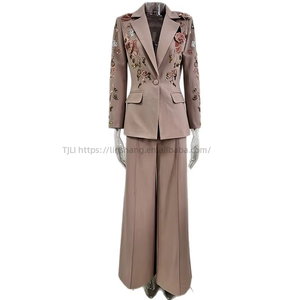 Women's Dusty Floral Embellished 2 Piece Suit - Single-Breasted & Wide-Leg <b>Pants</b> Set Womens Clothes Fashion - Product Image 1