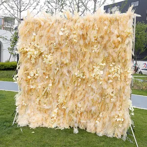 K04 Wedding Decor Fake Tropical Misty Smog Rime Leaves pannello di sfondo Champagne 3D Roll Up artificiale Pampas Grass Flower Wall