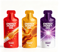 Sachets d'emballage refermables personnalisés pour gel énergétique au miel, qualité alimentaire, pratiques avec encoche de déchirement pour un emballage facile à presser