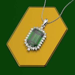 Collana con Pendente Taglio Smeraldo in Argento 925 Placcato Rodio con Diamanti Brillanti Rotondi, Catena a Serpente Classica da Donna per Uso Quotidiano - Product Image 1