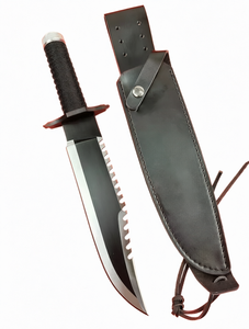 Couteau tactique de chasse d'extérieur à lame fixe en acier inoxydable, bord dentelé, pointe tombante, manche en plastique, étui en cuir OEM BA - Product Image 1