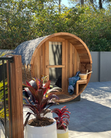 Traditionelle Outdoor-Rundfass-Sauna aus Massivholz mit Asphaltschindeldach für Familiengesundheit