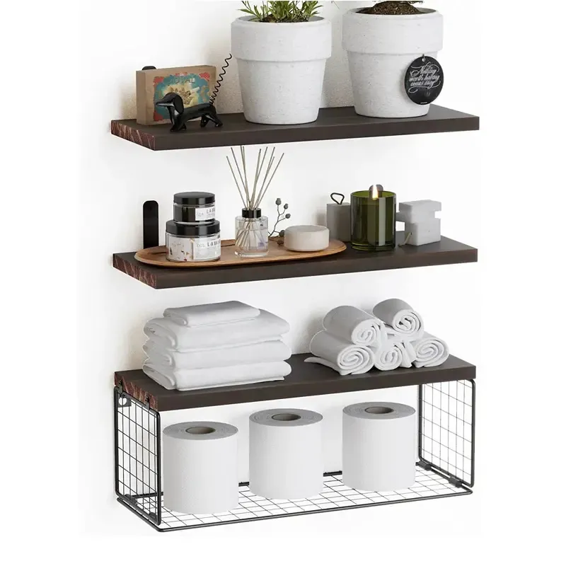 Hot Sale Bathroom Shelves Over Toilet Floating Bathroom Shelves Wall Mounted with Wire Basket Wood Floating Shelf for Wall Deco