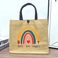 Sac fourre-tout vintage en jute et lin, grande capacité, imprimé arc-en-ciel, sac de courses écologique en toile de jute, sac cadeau pour enseignant, étudiant, courses