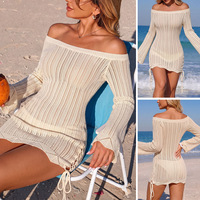 Mini-robe de luxe française pour femme, couleur unie, manches longues ajourées, style moulant, idéale pour les vacances à la plage, cache-maillot de bain transfrontalier