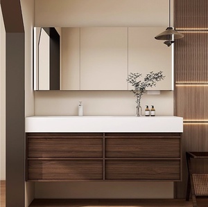 Meuble de salle de bain inhabituel Vanité de salle de bain marron foncé Vanité de bain suspendue avec miroir anti-buée Vanité d'évier côté gauche - Product Image 1