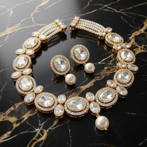 Luxury Gold 925 <b>Silver</b> Crystal Pearl <b>Choker</b> Necklace with Matching Earrings for Wedding Party Wear Women - Product Image 6