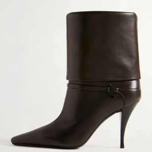 Botines de tacón alto con punta y hebilla metálica para mujer, talla grande 46, de ante con vuelta, estilo botín corto. - Product Image 3