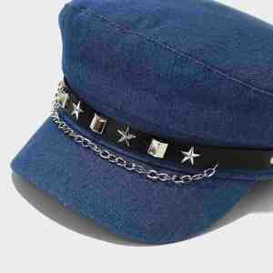 Gorra de Boina Plana de Mezclilla Estilo Vintage Japonés para Mujer con Cadena y Remaches, Gorra Casual de Capitán para Mujer y Niña para Exteriores - Product Image 3