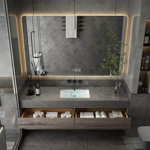 Italian style minimalist rock slab integrated basin intelligent <b>mirror</b> <b>wall</b> hanging bathroom cabinet - Product Image 4
