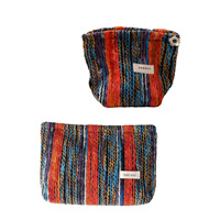 Dompet Clutch Kanvas Bergaris Warna-Warni dengan Ritsleting; Tas Makeup Rajut Vintage Bohemian, Kantong Organizer Perawatan Kulit