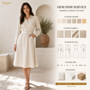 Gaun Kemeja Yegao untuk Wanita, Kemeja Wanita, Gaun <span class=keywords><strong>Midi</strong></span> Berbahan Campuran Linen dengan Ikat Pinggang, <span class=keywords><strong>Pakaian</strong></span> Wanita Grosir, Pesanan Khusus, Buatan China - Product Image 1
