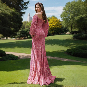 Off Shoulder <b>Sequin</b> Evening Dress With Slit Natural Waist Long Sleeve Elegant Party Gown - Product Image 4