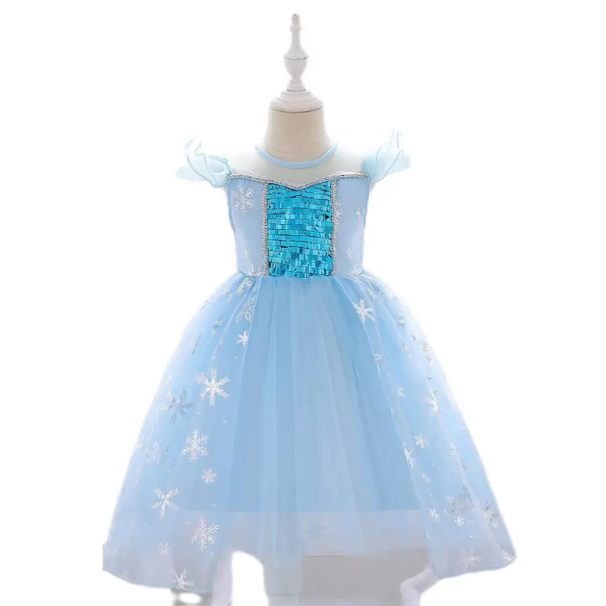 Ice and Snow Small Flying Sleeve Design Princess Dress Sequin Printed Mesh Pompadour Skirt Girls Dress Costume Children Short