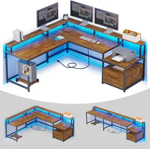 OfficeTable With File Drawer Power Outlet Gaming Corner Computer Desk L-Shaped Metal Frame Wooden Writing Office Desks
