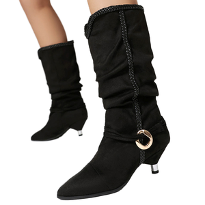 Denim Flock Piled Pleated Ankle <b>Boots</b> ZIP Closure Low Spike Heels Dress Stiletto Women Retro Styles Pointy Toe Short Booties - Product Image 1