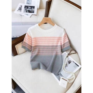 Top de Punto a Rayas Degradado para Mujer, Manga Corta, Cuello Redondo, Suave, Spandex/Algodón, Moda de Verano, Jersey Fino Formal, Gris Azul Verde - Product Image 1