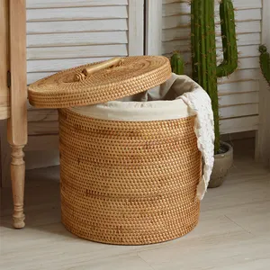 2024 New Style Natural Rattan Drum Laundry Basket Handmade Cloth With Lid Storage Laundry Basket