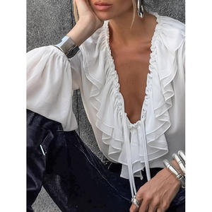 Blusa Blanca de Gasa con Volantes para Mujer, Cuello en V, Mangas Farol, Lazo Cruzado, Color Sólido, Transparencias, Tejido de Poliéster - Product Image 5