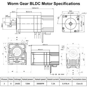 Motor BLDC trifásico de 8 polos, 24V, 130W, 3000 RPM, con engranaje de tornillo sin fin, construcción de imán sin escobillas, 57BSA80B030A, motor sin escobillas 57BSA80B - Product Image 3