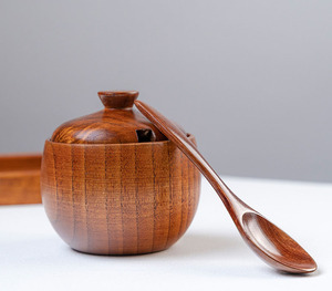 وعاء ملح خشبي بغطاء من الخشب الصلب ، خزان توابل المطبخ ، صحن فلفل مع ملعقة برطمانات توابل - Product Image 6