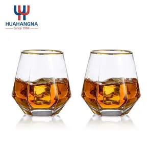 Gold Rim Unique Geometric Tilted Wine Whiskey Glass Cup 10oz Custom Logo Crystal Diamond Whisky Shot Tasting Glass