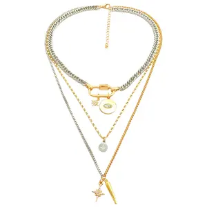 Fashion rhinestone jewelry multi layer gold link chain crystal diamond star eye pendant Necklace for women