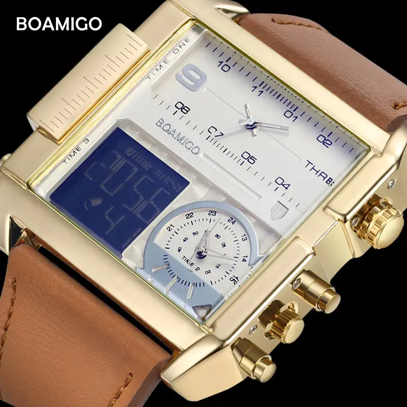 Dropshipping wholesale BOAMIGO brand men sport watches 3 time zone big man LED watch leather quartz square wristwatches