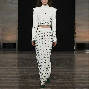 White Beautiful Spring Autumn Formal Luxury <b>Tops</b> <b>Skirt</b> <b>Set</b> Pearl Crystal Beading Stand <b>Long</b> Sleeve Eco-friendly Two Pieces <b>Set</b> - Product Image 6