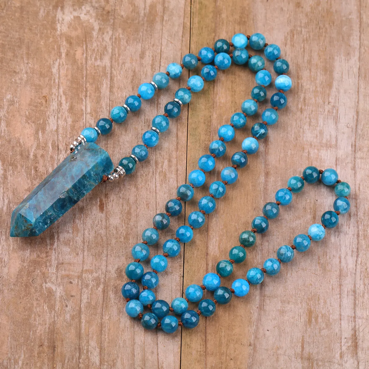 Natural Blue Apataite Mala Necklace for Men Jewelry   Healing Crystal Hexagon Point Prayer Necklaces Gift