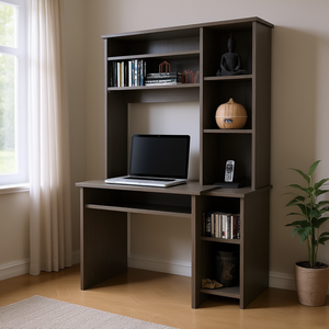 Scrivania per computer Versalles con due ripiani e cinque scomparti, mobili per ufficio domestico in rovere fumé - Product Image 2