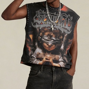 Heavyweight Designer T Shirt <b>Rhinestone</b> Boxy <b>Cropped</b> Tank <b>Tops</b> Custom Graphic Vintage Oversized Men's Sleeveless T-Shirt - Product Image 1